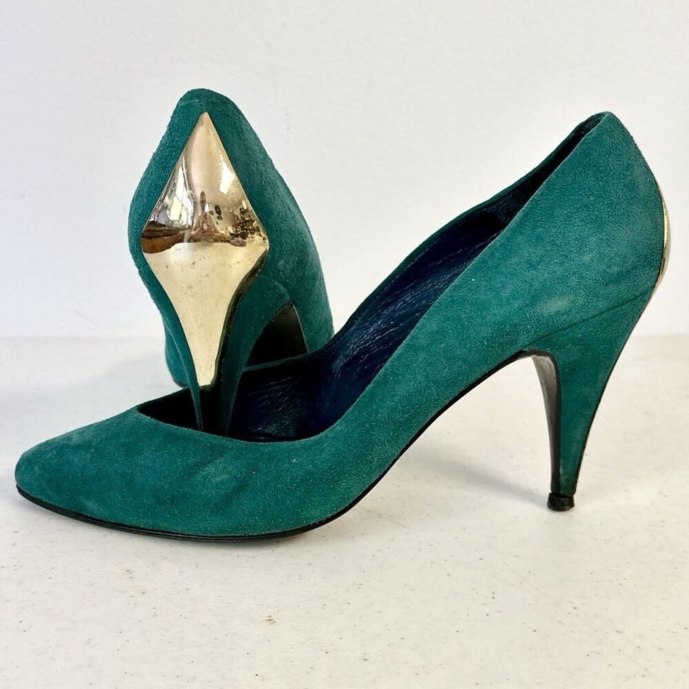 Vintage 1980s Martinez Valero Faux Gold Heels Green Suede Shoes‎ Spain SZ 6 B
